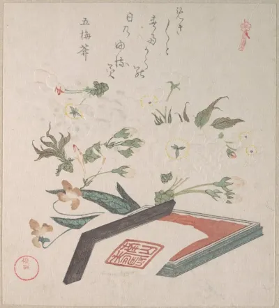 Cherry Blossoms And Seal Box With Ink And Ruler
