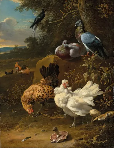 Chickens And Pigeons In A Landscape