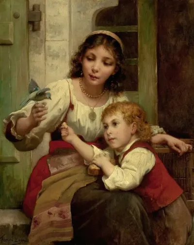 Child And Mother With Bird