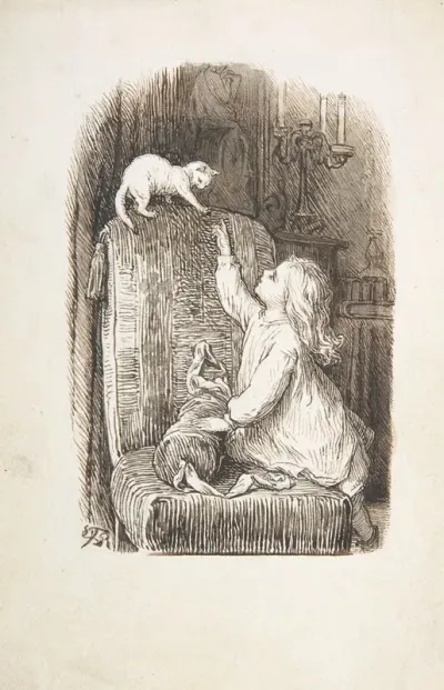 Child Climbing A Chair To Reach For A Kitten