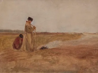 Child Cowherds By The Fire Sketch