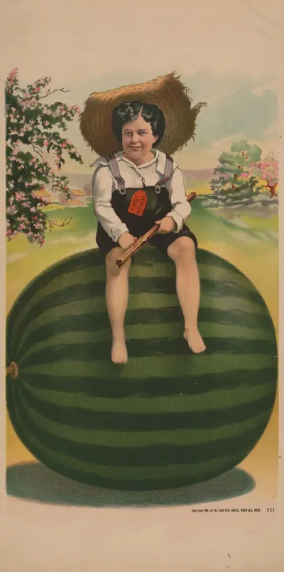 Child In Straw Hat Sitting On A Watermelon