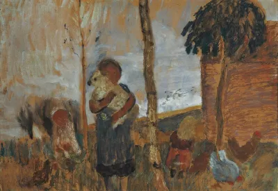 Children And Chickens In Front Of A Landscape
