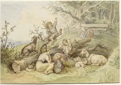 Children And Goats Resting By A Felled Tree
