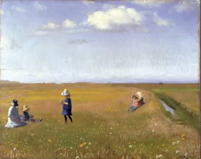 Children And Young Girls Picking Flowers In A Field North Of Skagen