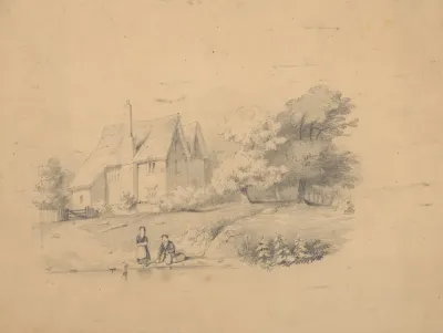 Children At Play By The Waters Edge Near A Country Cottage