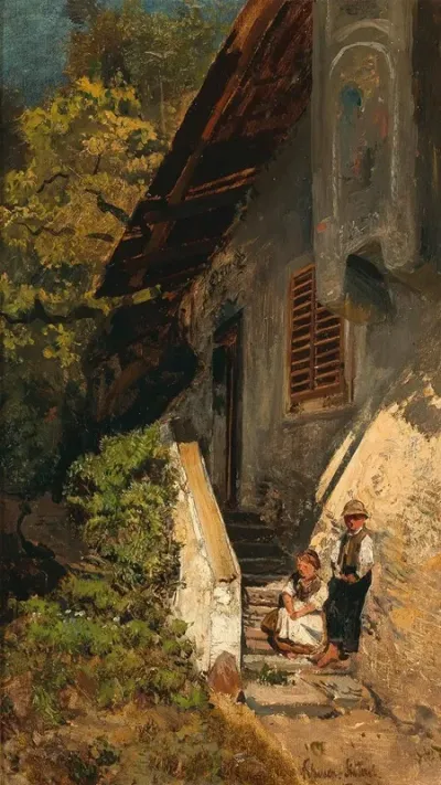 Children Before The Farmhouse Klausen South Tyrol