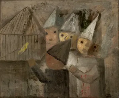 Children In Front Of A Cage With A Canary