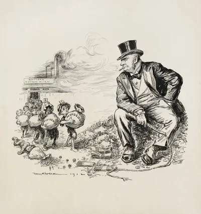 Children In Rags Carry Bags Of Dividends From A Southern Cotton Mill To A Rich Man Sitting On A Pile Of Money