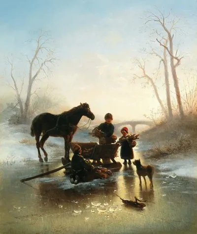 Children On The Ice Collecting Wood
