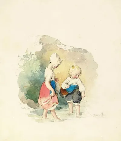 Children Paddling By The Rocks