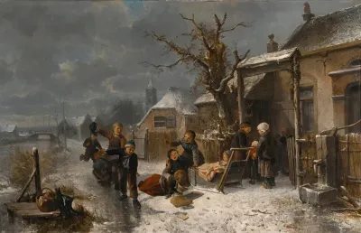 Children Playing By A Canal In Winter