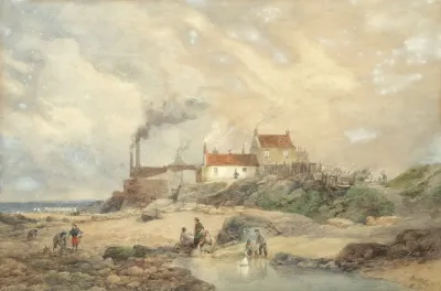 Children Playing On The Beach With Smoke House Beyond