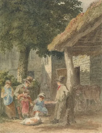 Children With A Dog In Farmyard