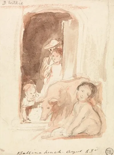 Children With Pig At A Doorway In Ballynahinch Ireland