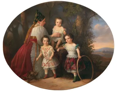 Children With Their Nanny In A Russian Costume With A Vast Landscape In The Background