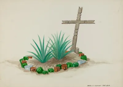 Childs Grave With Wooden Cross Bottle Decorations