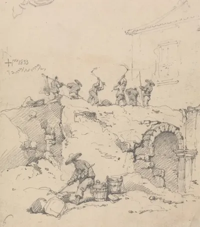 Chinese Coolies Demolishing A Building