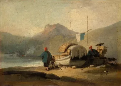 Chinese Scene Boats By Lake