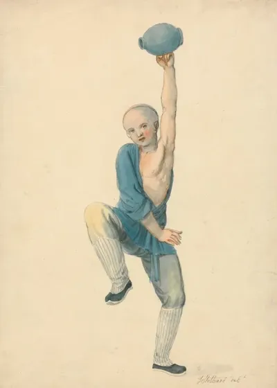 Chinese Youth Balancing A Jar Held Aloft