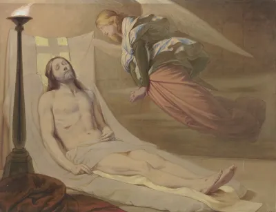 Christ In The Grave A Mourning Angel Hovering Over Him