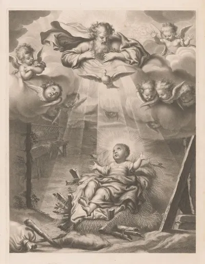 Christ In The Manger With God The Father And The Holy Spirit Above Him