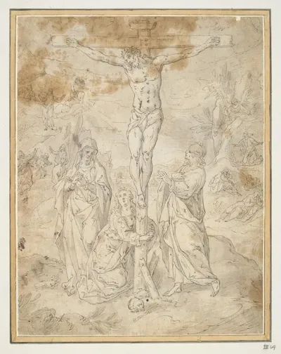 Christ On The Cross Between The Virgin And St John With Scenes Of The Passion In The Background