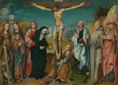 Christ On The Cross With Mary John Mary Magdalene And Sts Cecilia And Barbara Left And Peter Francis And Jerome Right