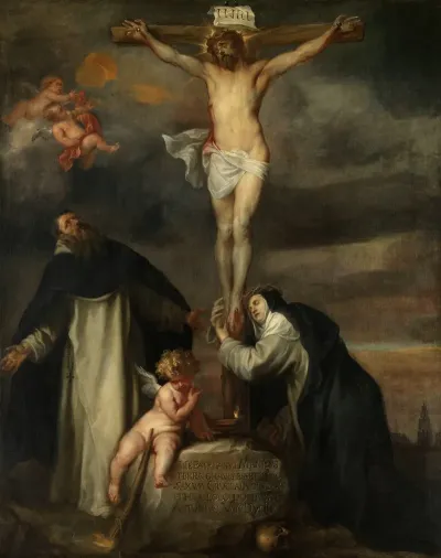 Christ On The Cross With Saint Catherine Of Siena Saint Dominic And An Angel