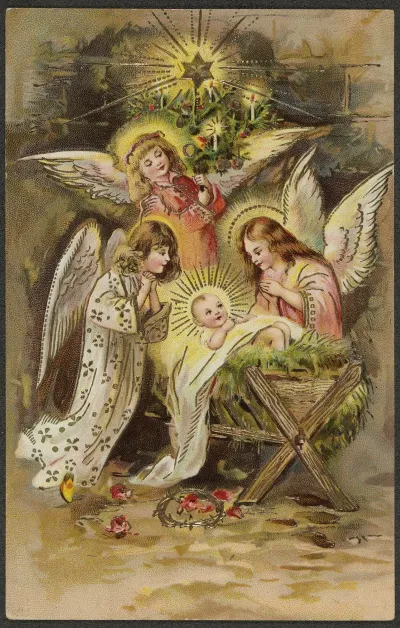 Christmas Card With Angels And Baby Jesus In The Manger