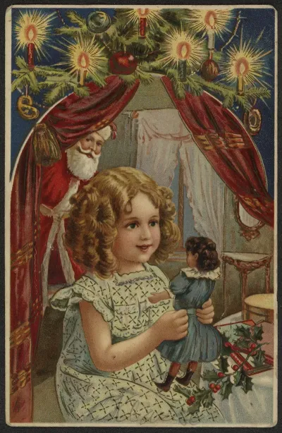 Christmas Card With Girl Santa Claus And Doll