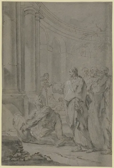 Christus Heilt Den Lahmen Christus Mit Den Jungern Steht In Einem Saulenhof Vor Ihm Erhebt Sich Der Lahme Von Seinem Lager