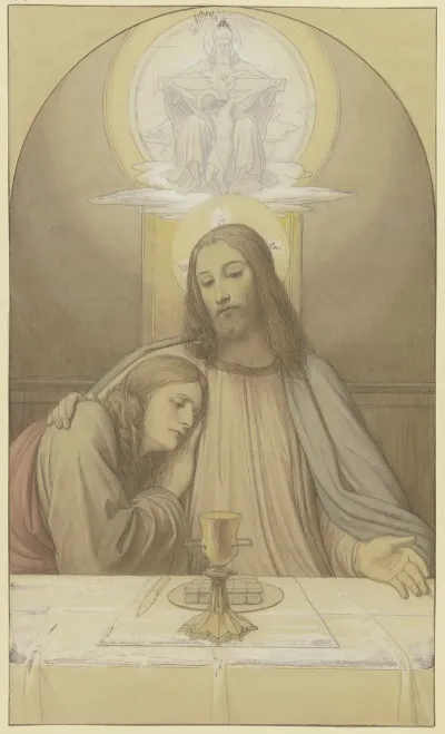 Christus Mit Dem Lieblingsjunger Johannes Halbfiguren Am Tisch Des Letzten Abendmahles Uber Ihnen Die Dreifaltigkeit