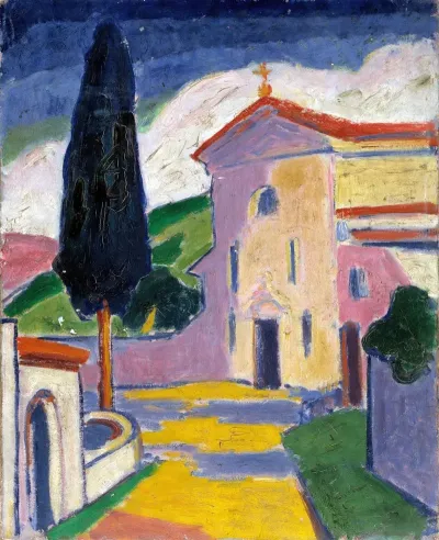 Church With Cedar Tree On Left