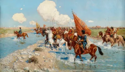 Circassian Horsemen Crossing A River