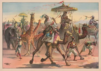 Circus Troupe With People In Exotic Dress Riding Camels Giraffes Elephants