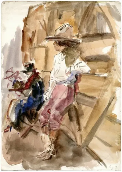 Circusstudie Vrouw In Cowboykledij Bij Schutting