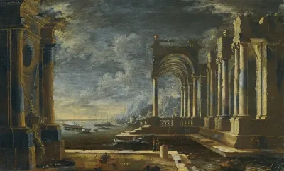 Classic Ruins With Fountain On The Sea