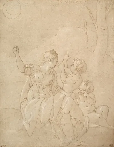 Classical Female Figure Diana Or Venus With Two Infants