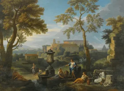 Classical Figures Seated By Ruins In An Italianate Landscape