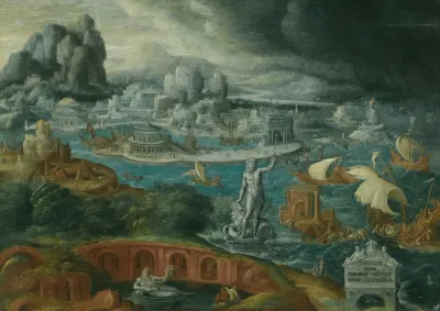 Classical Landscape With Ships Running Before A Storm Towards A Classical Harbour