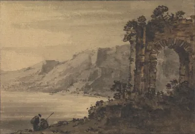 Classical Landscape With Two Figures On Lake Shore