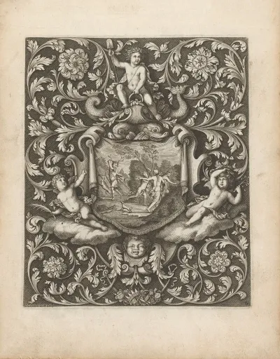 Cloth With Diana And Actaeon Surrounded By Putti And Leaf Shaped Ornaments
