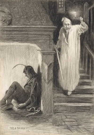 Clown And Man In Night Gown Descending A Staircase
