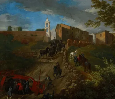 Coach And Travelers At Madonna Del Riposo Near Rome