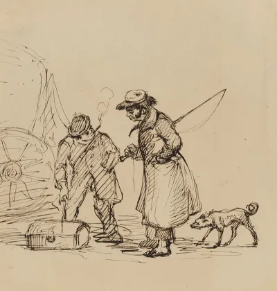 Coachman Man Smoking Cigar And Dog