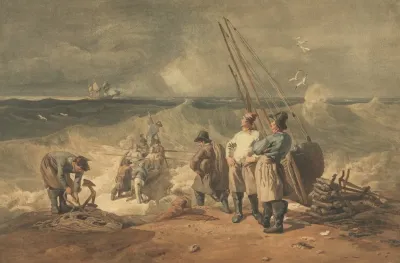 Coast Of Sussex Pushing Off A Boat To A Vessel In Distress