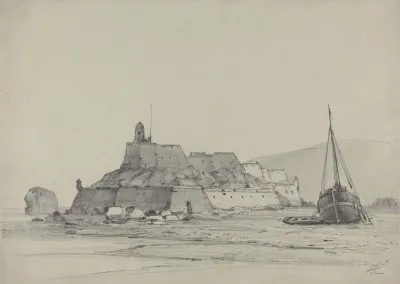 Coast Scene With Castle And Beached Fishing Vessel