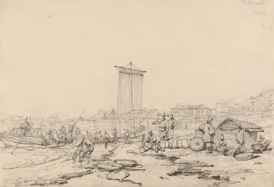 Coast Scene With Fishermen And Buildings Macao
