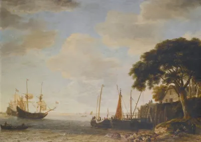 Coastal Landscape A Dutch Kaag Tied Up To A Quay A Man Of War Weighing Anchor Beyond